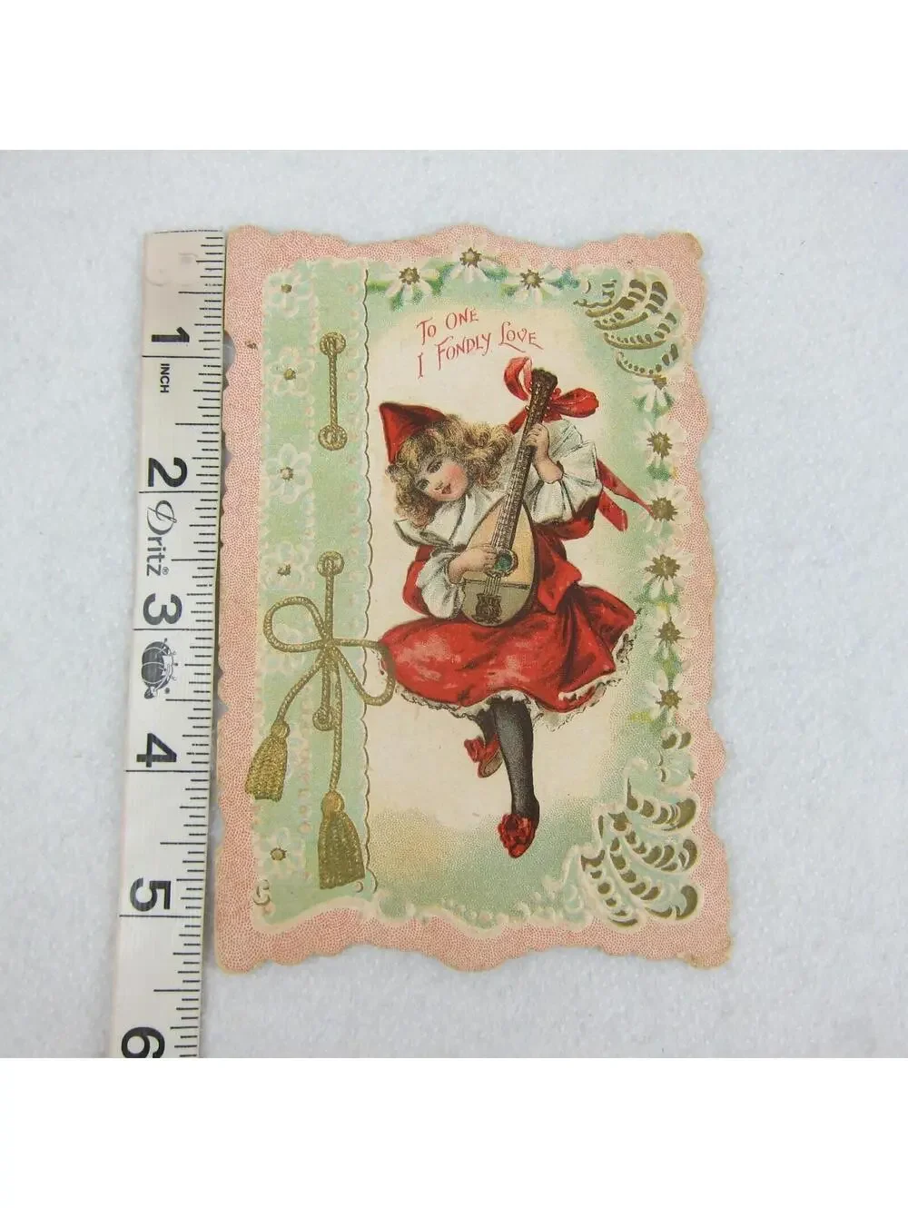 Antique Valentine Blonde Girl Minstrel Play Lute Red Dress Hat Embossed UNSIGNED